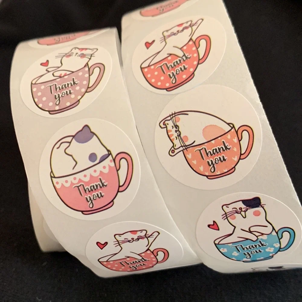 Roll of 500 cat thank you stickers NWT